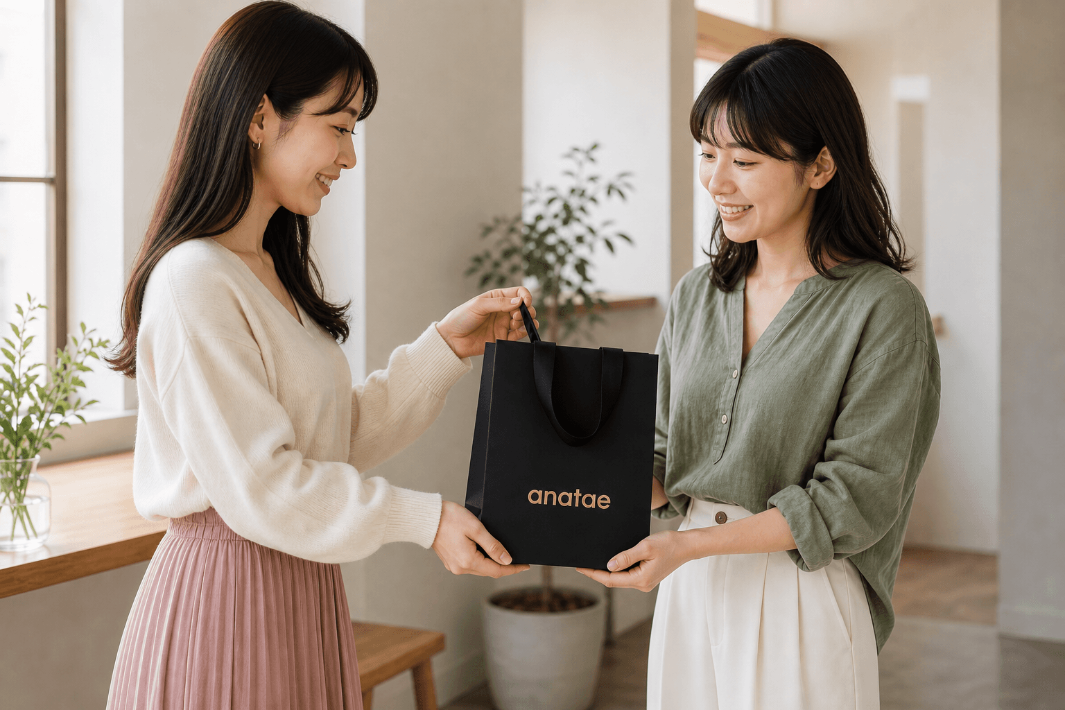 anatae の黒い紙袋を、女性から女性へ手渡す誕生日ギフト