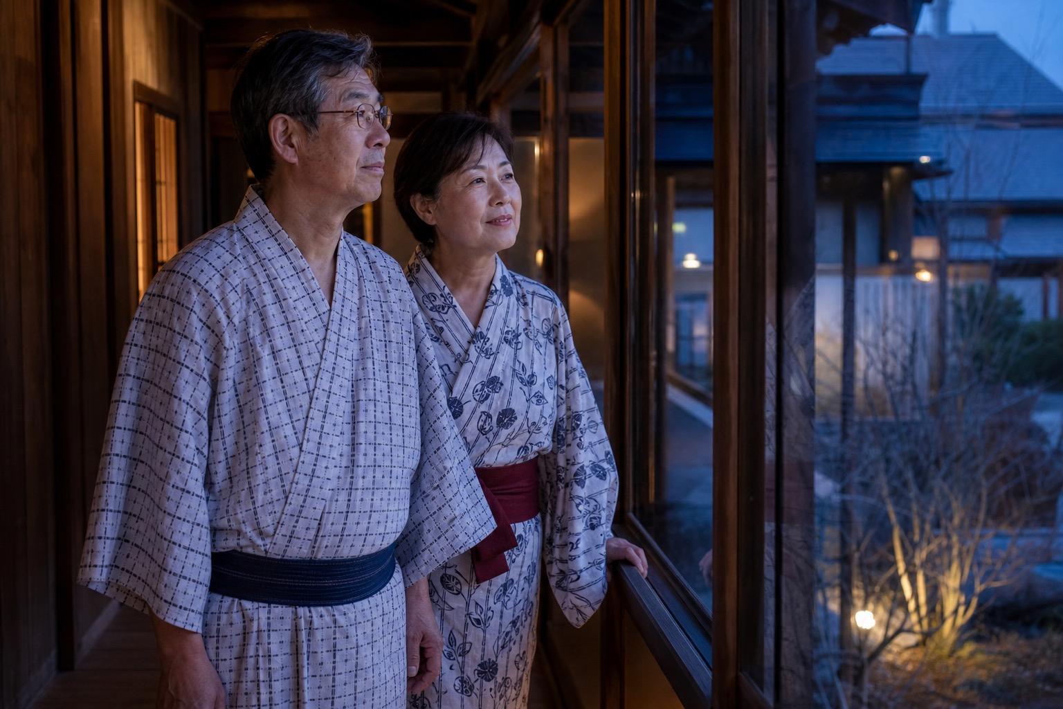 夕方、宿の廊下で肩の力が抜ける夫婦