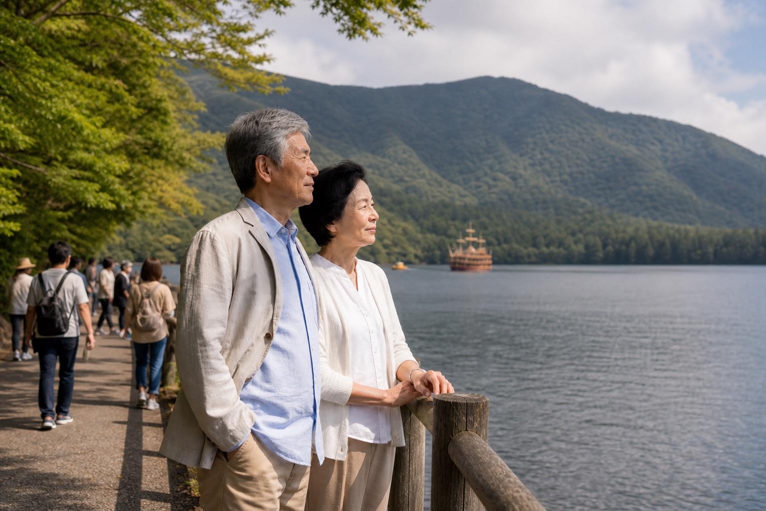 初秋の湖畔を歩く、夫婦の昼の休み