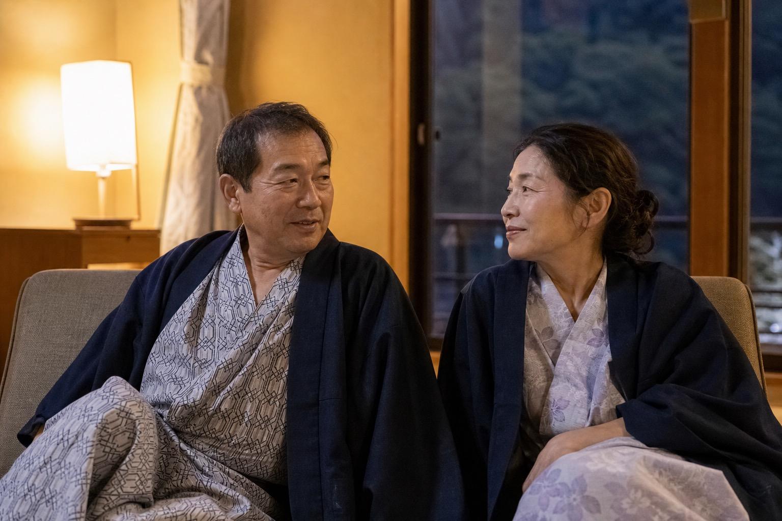 湯のあと、宿でくつろぐ夫婦の静かな夜