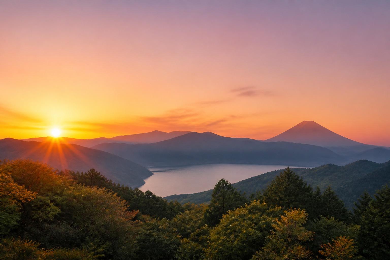 山の向こうに昇る、翌朝の朝日