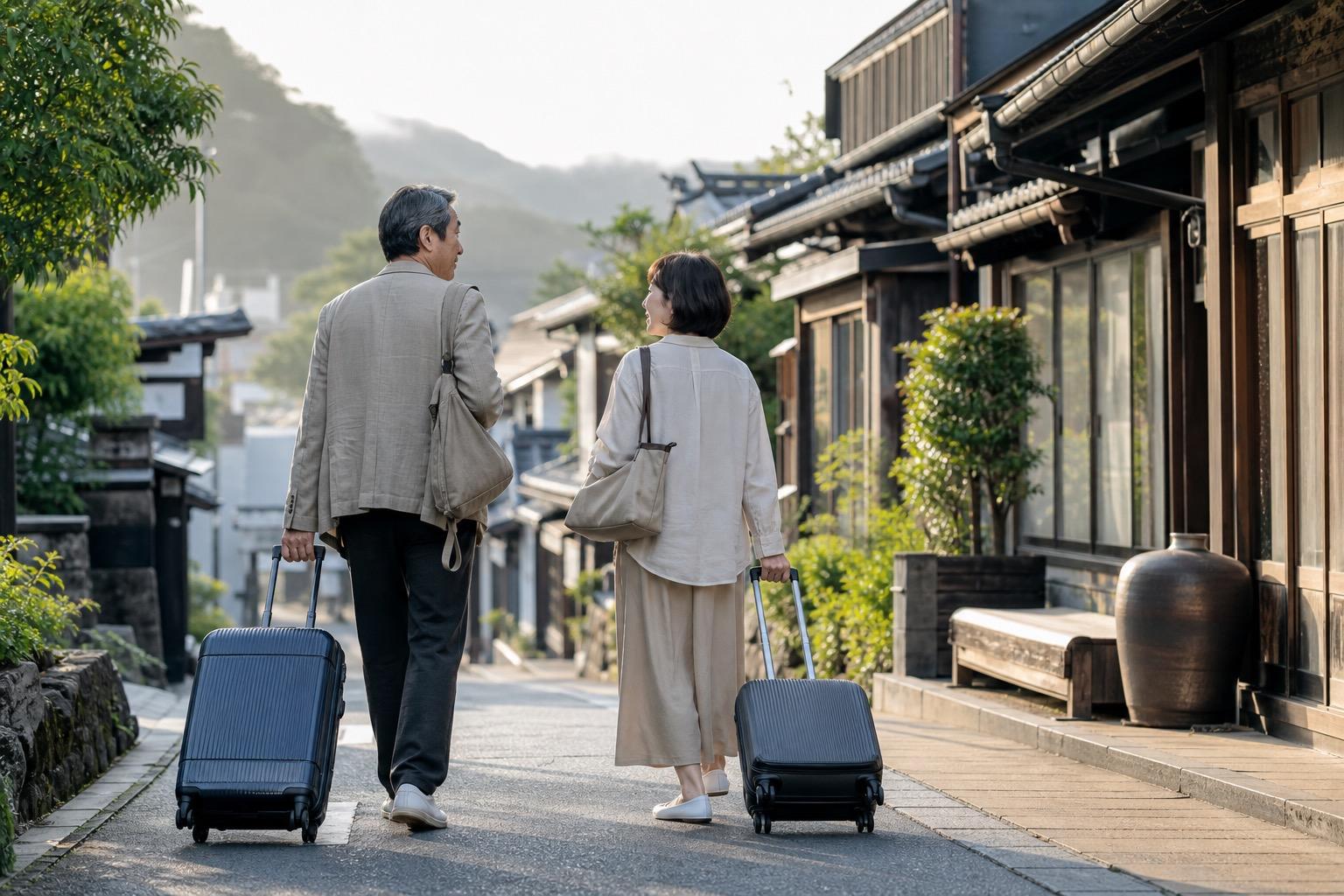 スーツケースを引き、帰り路へ向かう夫婦の朝