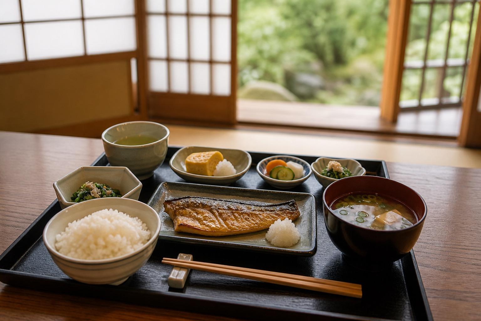 和朝食の膳が並ぶ、やわらかい朝の食卓
