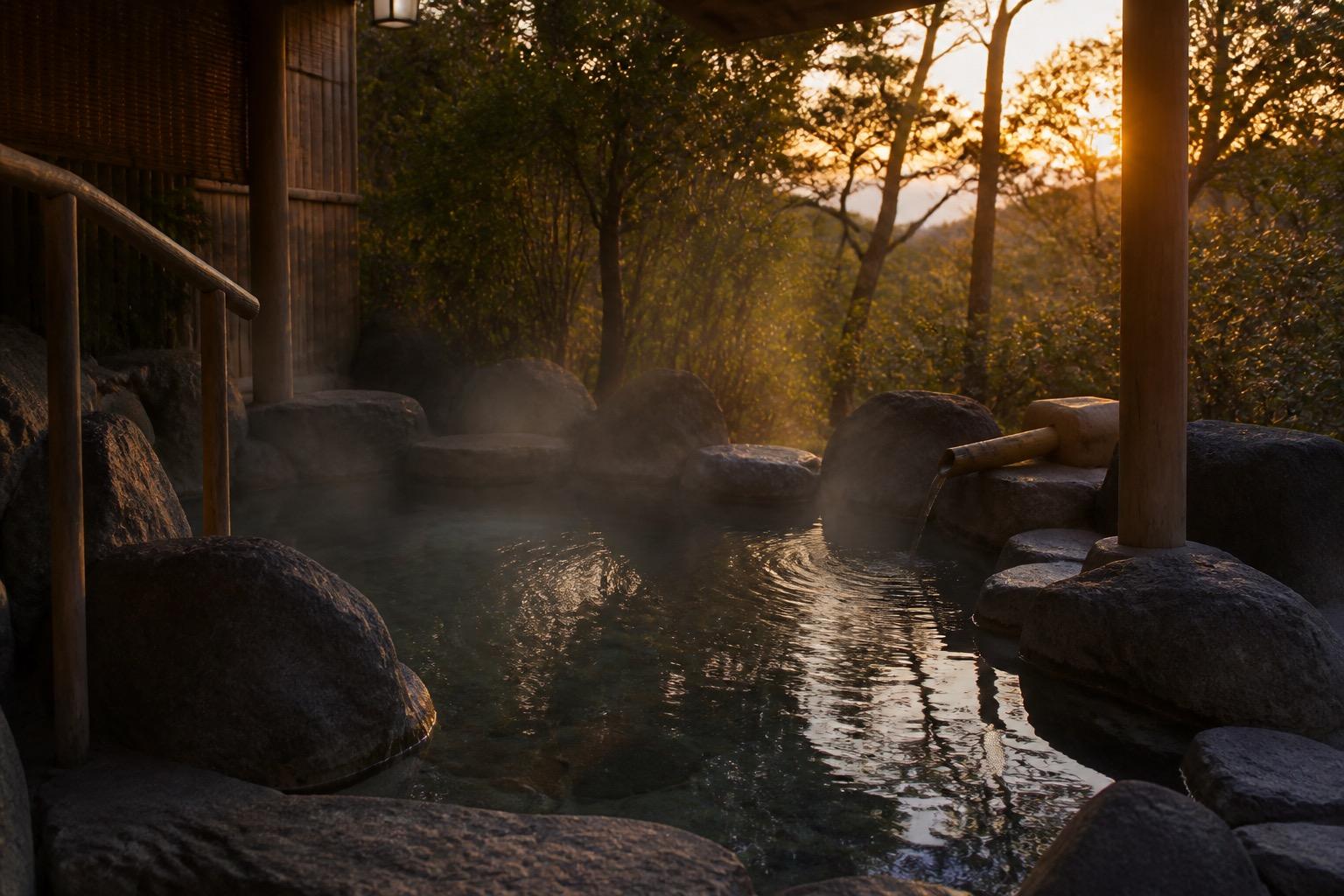 夕暮れの湯けむりが立つ、露天の休日