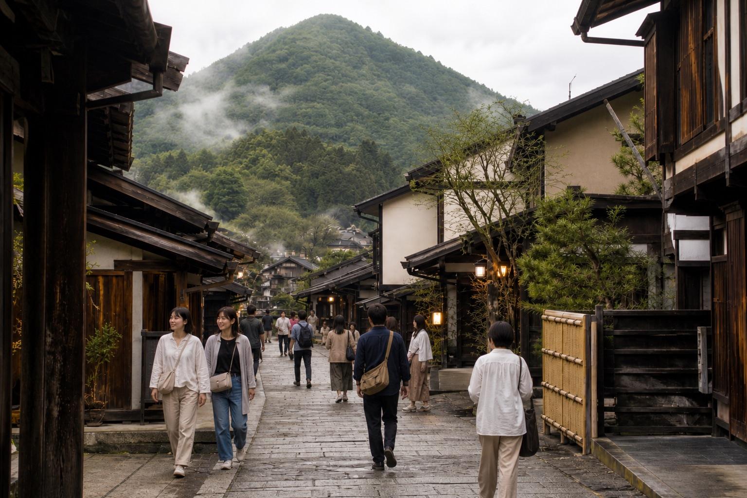 石畳の温泉街をゆっくり歩く朝