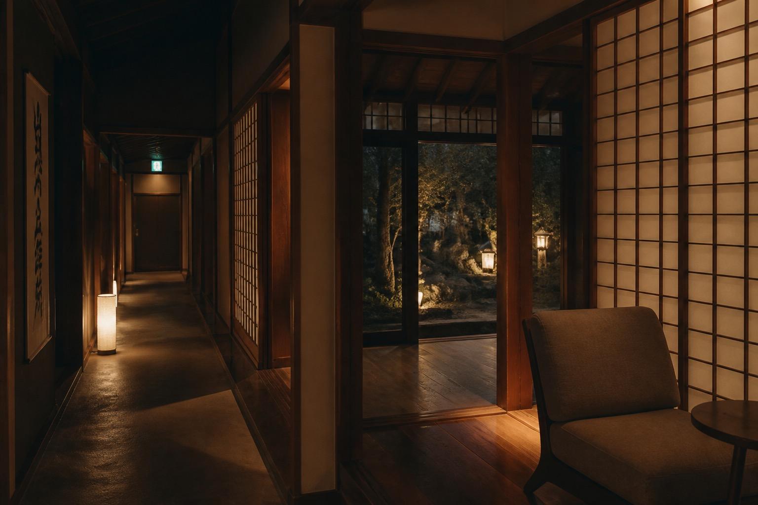 外に出直さない、宿の静かな夜の廊下