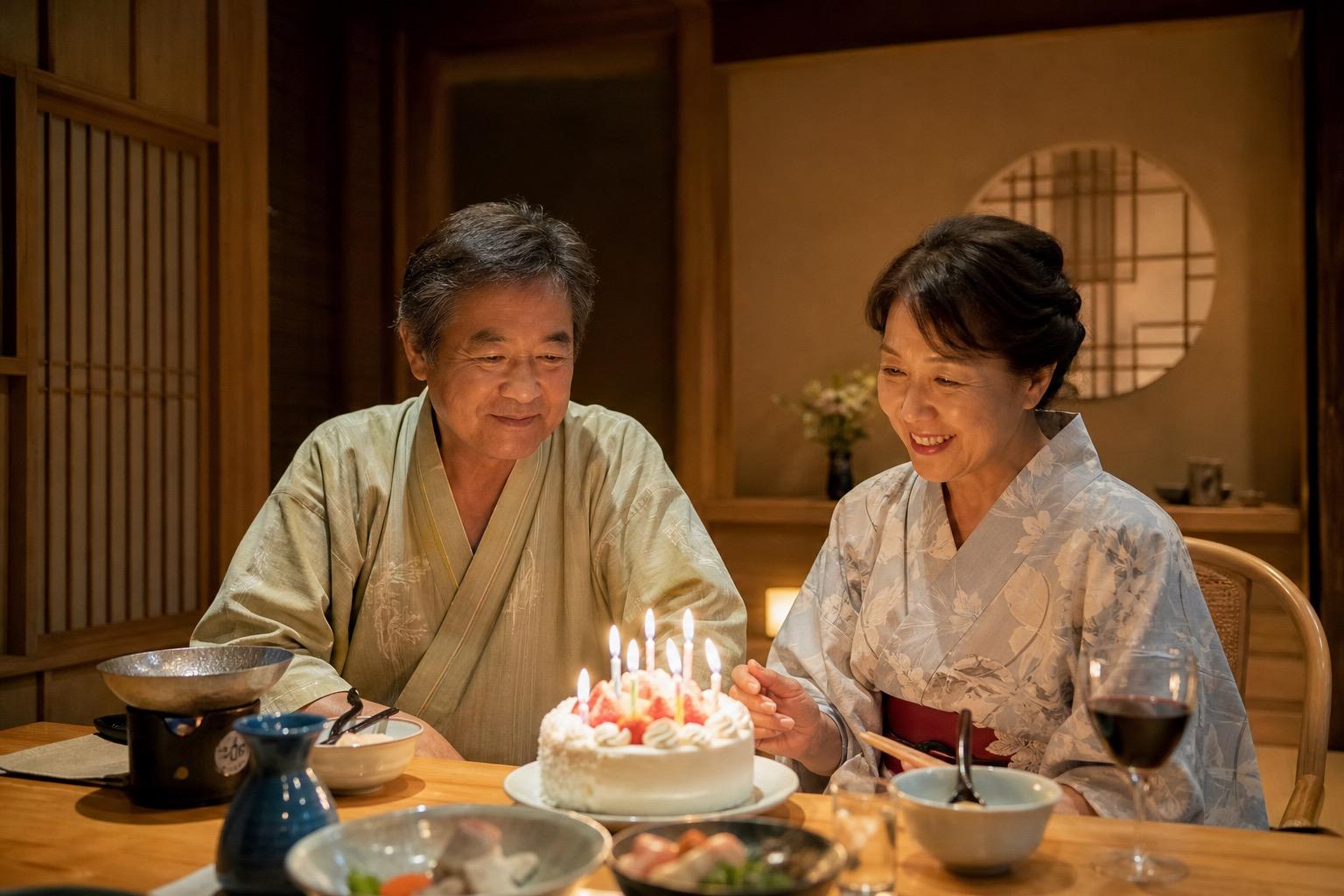 和室の食卓で誕生日ケーキを囲む、夫婦の静かな夜