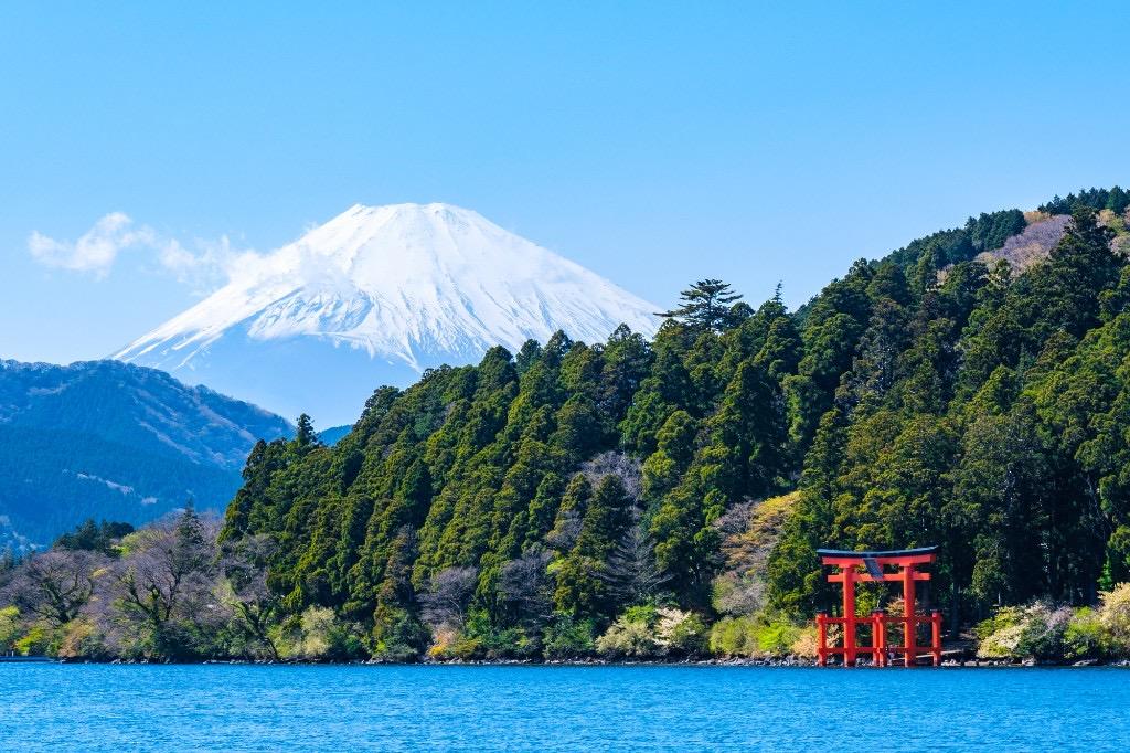 芦ノ湖と富士山、湖畔に立つ朱色の鳥居