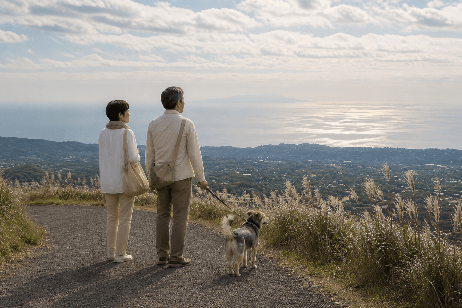 大室山のお鉢めぐりでご両親と愛犬が景色を分かつイメージ