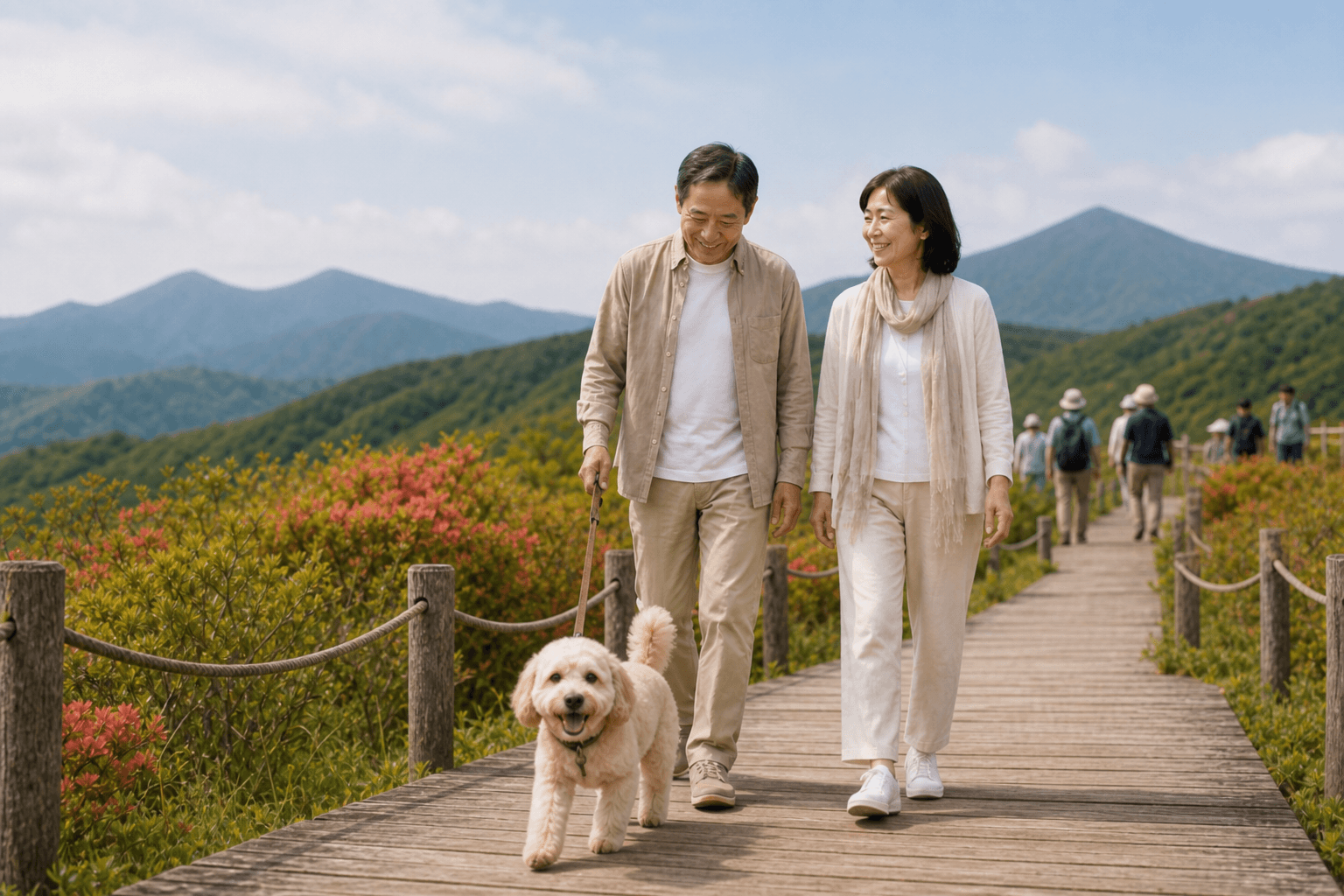 那須高原でご両親と愛犬が同じ景色を分け合うイメージ