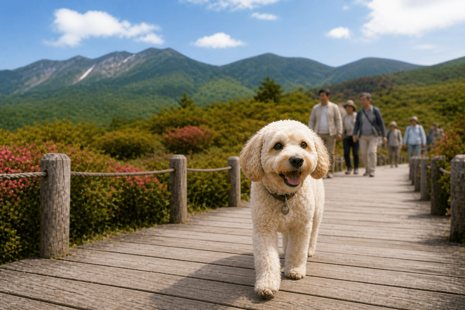 那須高原を歩く愛犬と、奥の遊歩道の人々