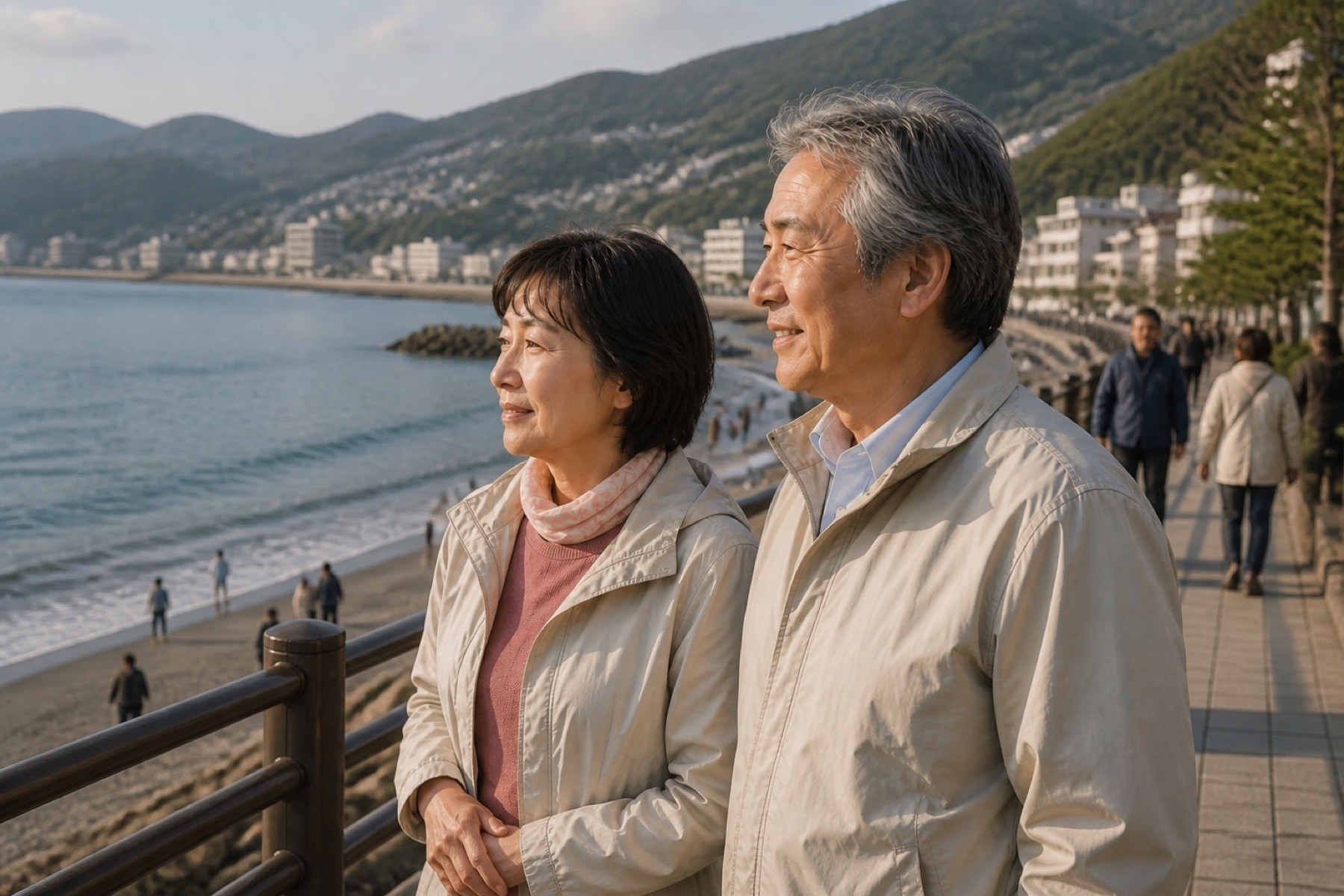 熱海の海岸を眺めながら立つご夫婦