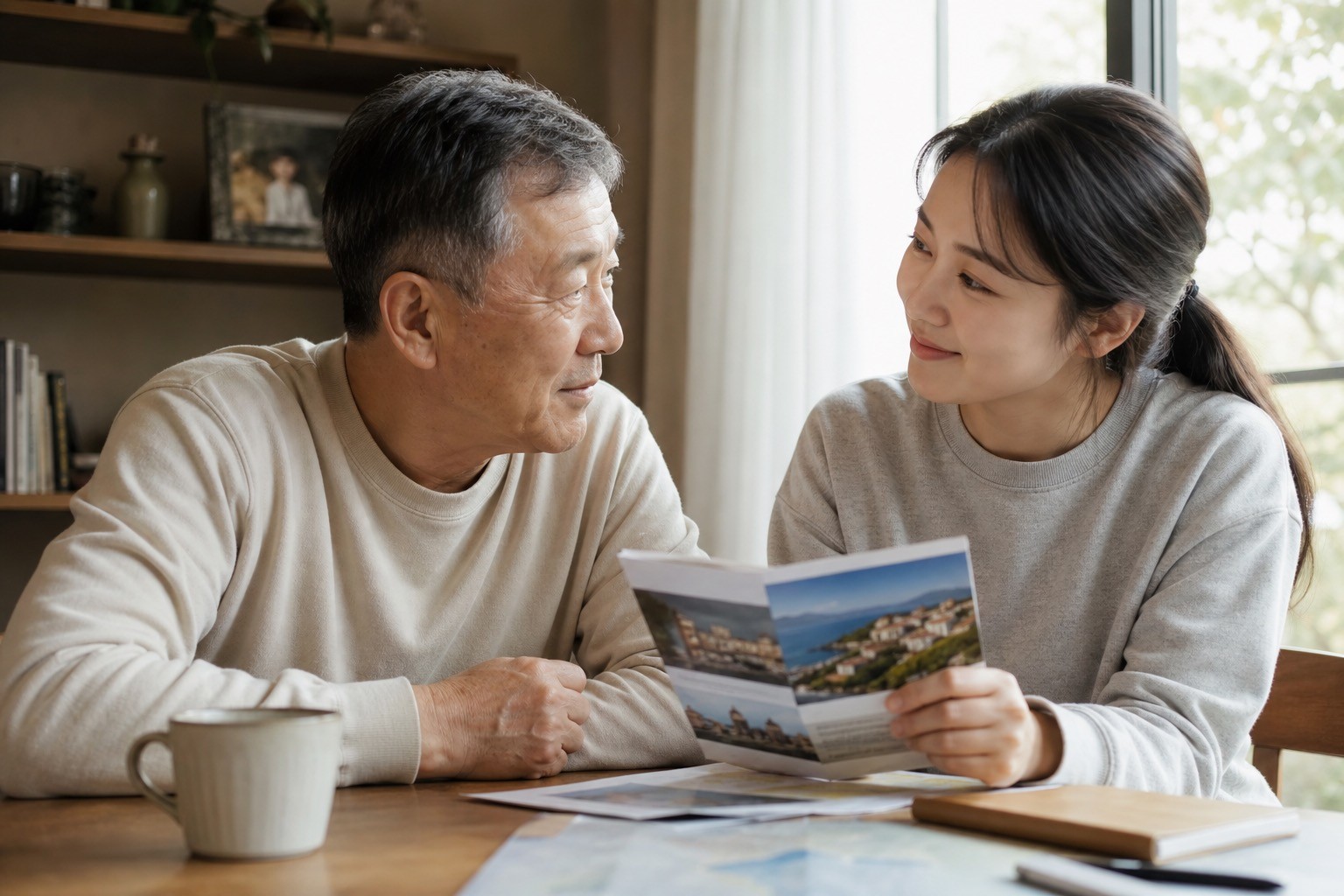 お父さんの誕生日に休みを返す旅を想像する、父と娘の穏やかな室内のひととき