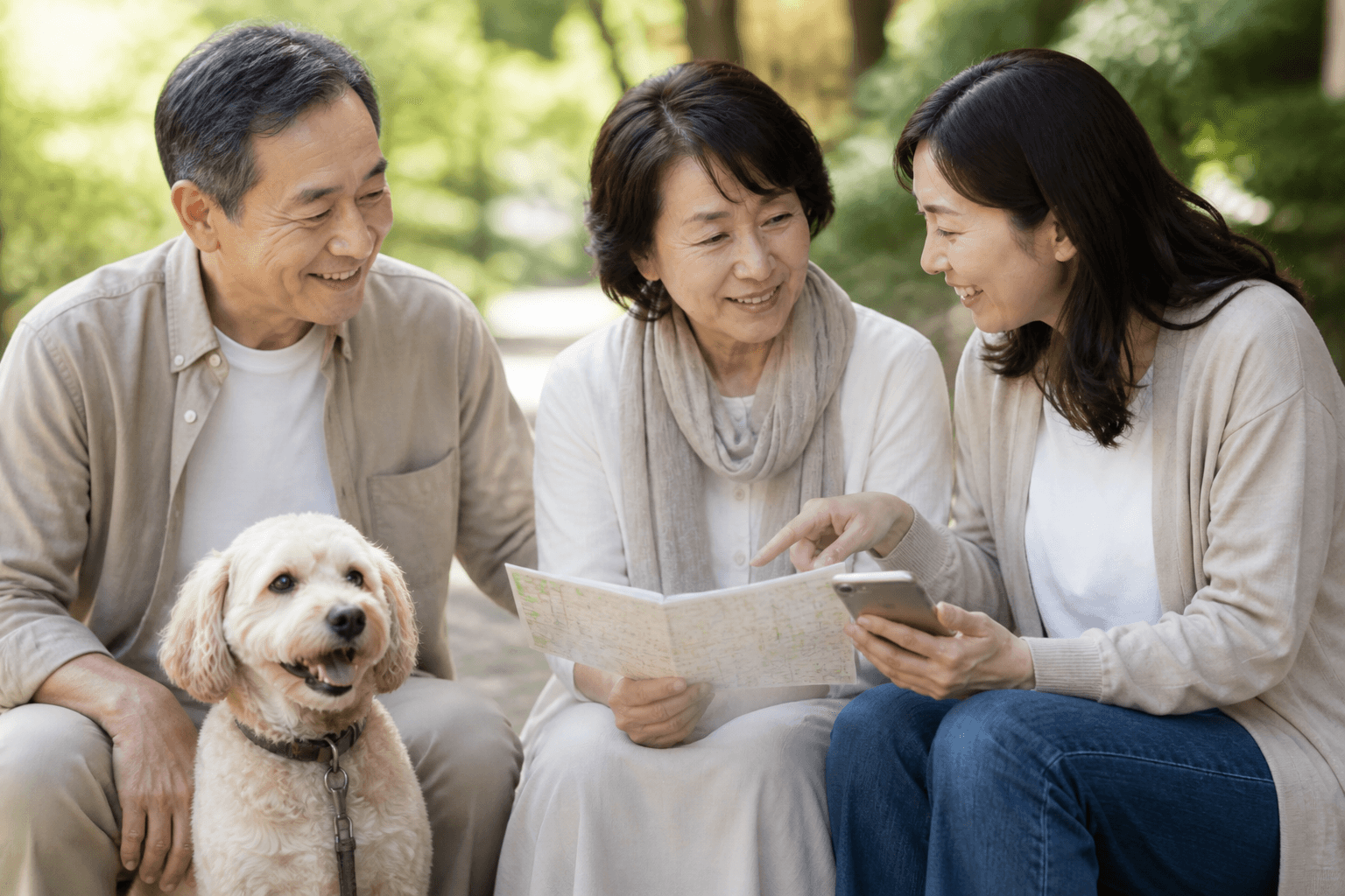ご両親と娘、愛犬がいっしょに次の旅を話しているイメージ