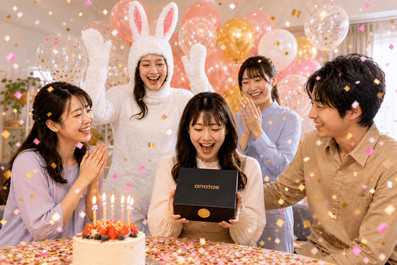 誕生日ケーキと友人たちに囲まれ、喜ぶ彼女とカップル — センスある誕生日プレゼント
