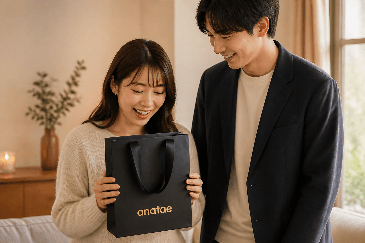 彼女が彼氏からもらった anatae のブラック紙袋を手に持つ誕生日ギフト